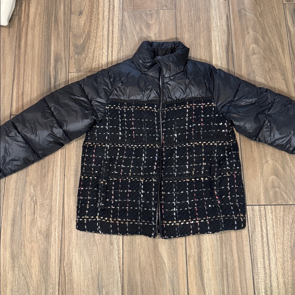 Black Puffer Jacket with Tweed Detail NEVER WORN